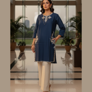 Navy Blue Embroidered Cotton Shirt