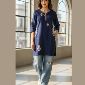 Navy Blue Embroidered Khaddar Cotton Shirt