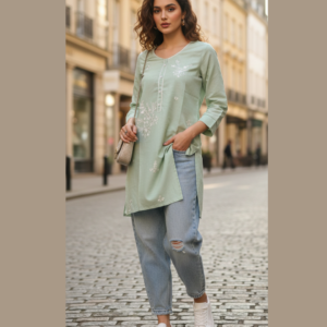 Pistachio Green Embroidered Cotton Shirt