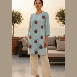 Sky Blue Floral Embroidered Khaddar Cotton Shirt – Women's Premium Casual Kurti