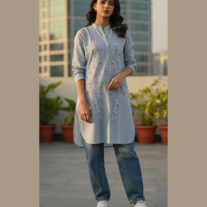Light gray Embroidered Cotton Shirt – Women's Premium Casual Kurti
