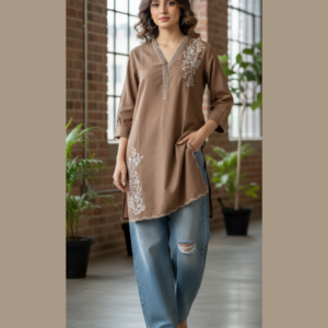 Brown Embroidered Khaddar Cotton Shirt – Women's Premium Casual Kurti