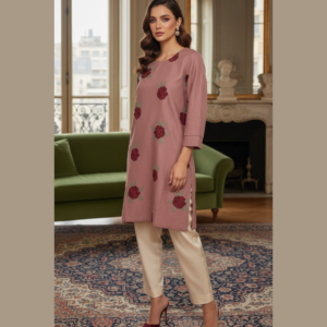 Dusty Rose Embroidered Cotton Khaddar Shirt