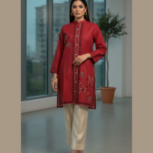 Crimson Red Embroidered Cotton Shirt