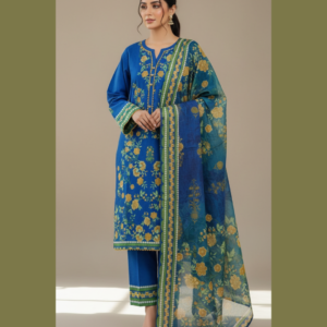 Royal Blue Floral Lawn 3-Piece Suit