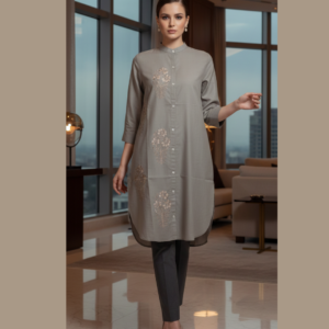 Stone Grey Embroidered Cotton Shirt