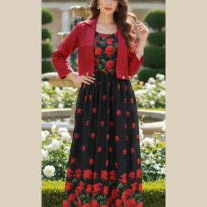 Romantic Rose Georgette Chiffon Maxi Dress with Matching Jacket