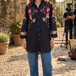 Silk Cotton Printed Shirt – Floral Elegance in Black