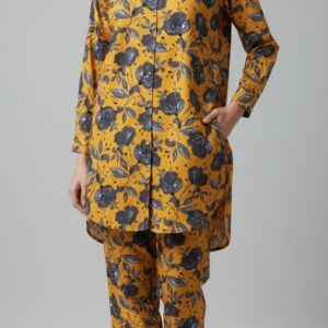 Arabic Lawn Floral Cord Set – Mustard & Charcoal