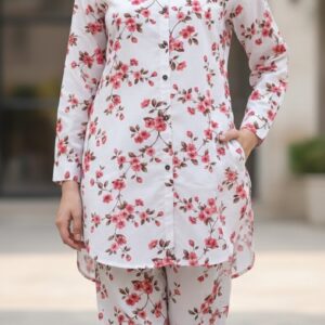 Arabic Lawn Floral Cord Set – White & Pink Blossom