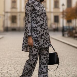 Arabic Lawn Printed Cord Set – Grey & Black