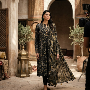 3-Piece Unstitched Printed Lawn Suit – Jet Black & Golden Ochre Vintage Botanical