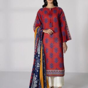 3-Piece Unstitched Printed Lawn Suit – Crimson Red & Indigo Botanical Fusion