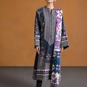 3-Piece Unstitched Printed Lawn Suit – Midnight Navy, Purple & Cream Traditional Fusion