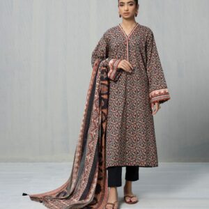 3-Piece Unstitched Printed Lawn Suit – Charcoal Black & Terracotta Micro-Leaf Motif