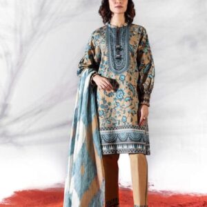 3-Piece Unstitched Printed Lawn Suit – Earthy Beige & Dusty Blue Ikat Fusion