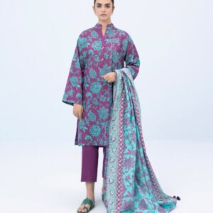 3-Piece Unstitched Printed Lawn Suit – Plum & Turquoise Floral Splendor