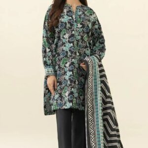 3-Piece Unstitched Printed Lawn Suit – Modern Floral & Geometric Fusion in Charcoal Green