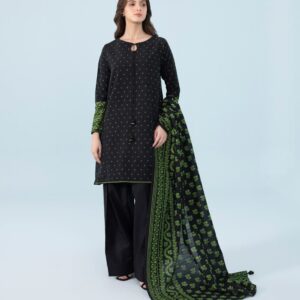 3-Piece Unstitched Printed Lawn Suit – Midnight Black & Lime Green Geometric Motif