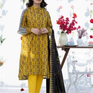 3-Piece Unstitched Printed Lawn Suit – Mustard Yellow & Jet Black Geometric Fusion