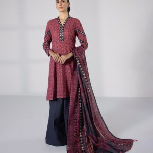 3-Piece Unstitched Printed Lawn Suit – Ethnic Geometric Print in Magenta & Navy