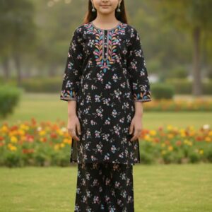 Girls' Black Floral Stitched Lawn 2-Piece Suit with Multi-Color Leaf Embroidery