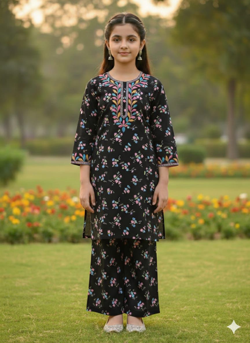 Girls' Black Floral Stitched Lawn 2-Piece Suit with Multi-Color Leaf Embroidery