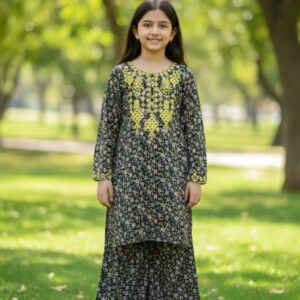 Girls' Stitched Floral Lawn Set with Vibrant Yellow Embroidery