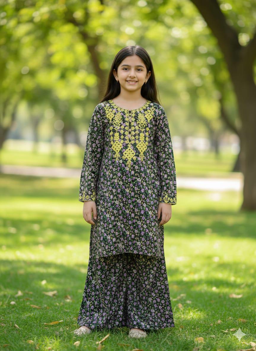 Girls' Stitched Floral Lawn Set with Vibrant Yellow Embroidery