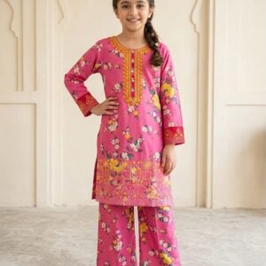 Girls' Stitched Pink Floral Lawn 2-Piece Suit with Neckline Embroidery