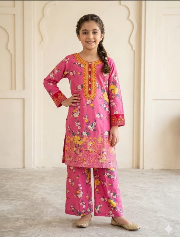 Girls' Stitched Pink Floral Lawn 2-Piece Suit with Neckline Embroidery