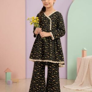 Girls' Black Angrakha Frock Lawn Set with Off-White Lace Trim