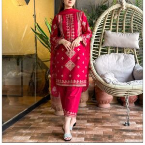 Ruby Red Lawn 2-Piece Heavy Embroidered Unstitched Dress