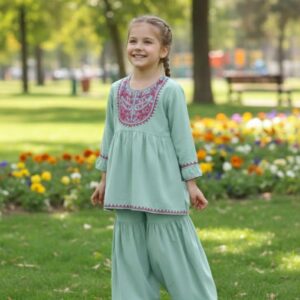 Girls' Mint Green Peplum Frock Lawn Set with Crimson Paisley Embroidery