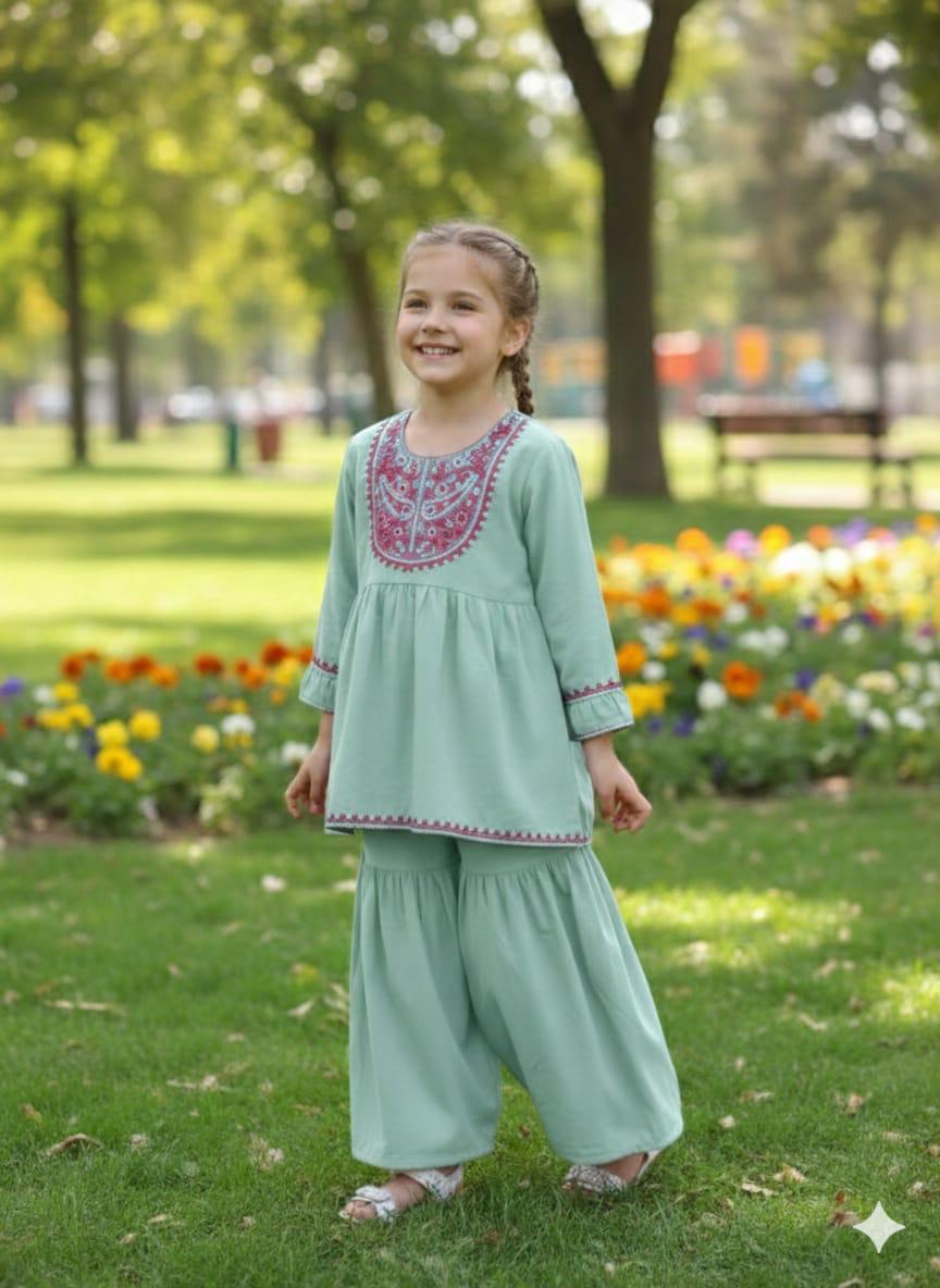 Girls' Mint Green Peplum Frock Lawn Set with Crimson Paisley Embroidery