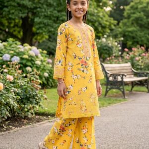 Girls' Mustard Yellow Floral Lawn 2-Piece Suit with Embroidered Neckline & Cuffs