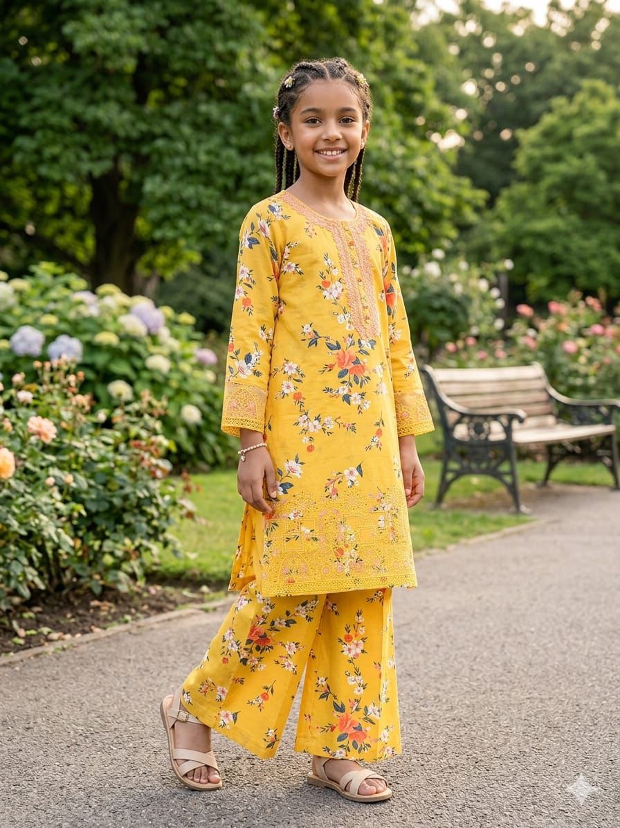 Girls' Mustard Yellow Floral Lawn 2-Piece Suit with Embroidered Neckline & Cuffs