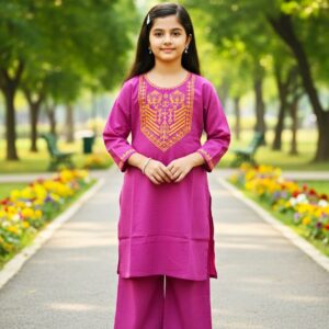 Girls' Magenta Stitched Lawn 2-Piece Suit with Yellow Embroidered Yoke