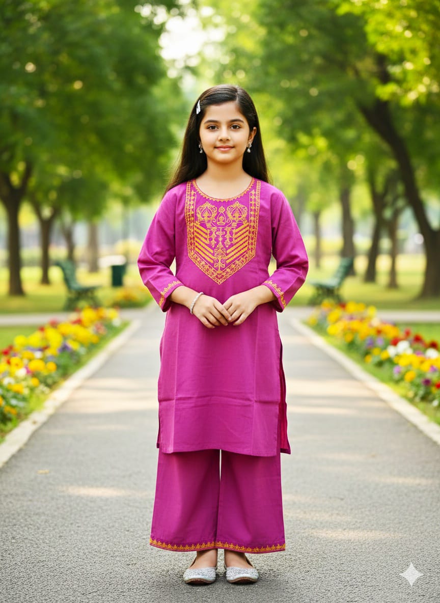 Girls' Magenta Stitched Lawn 2-Piece Suit with Yellow Embroidered Yoke