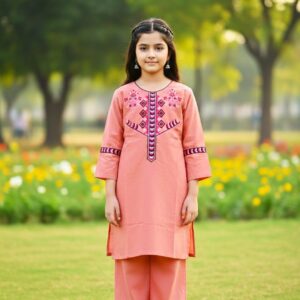 Girls' Peach Stitched Lawn 2-Piece Suit with Geometric & Floral Embroidery