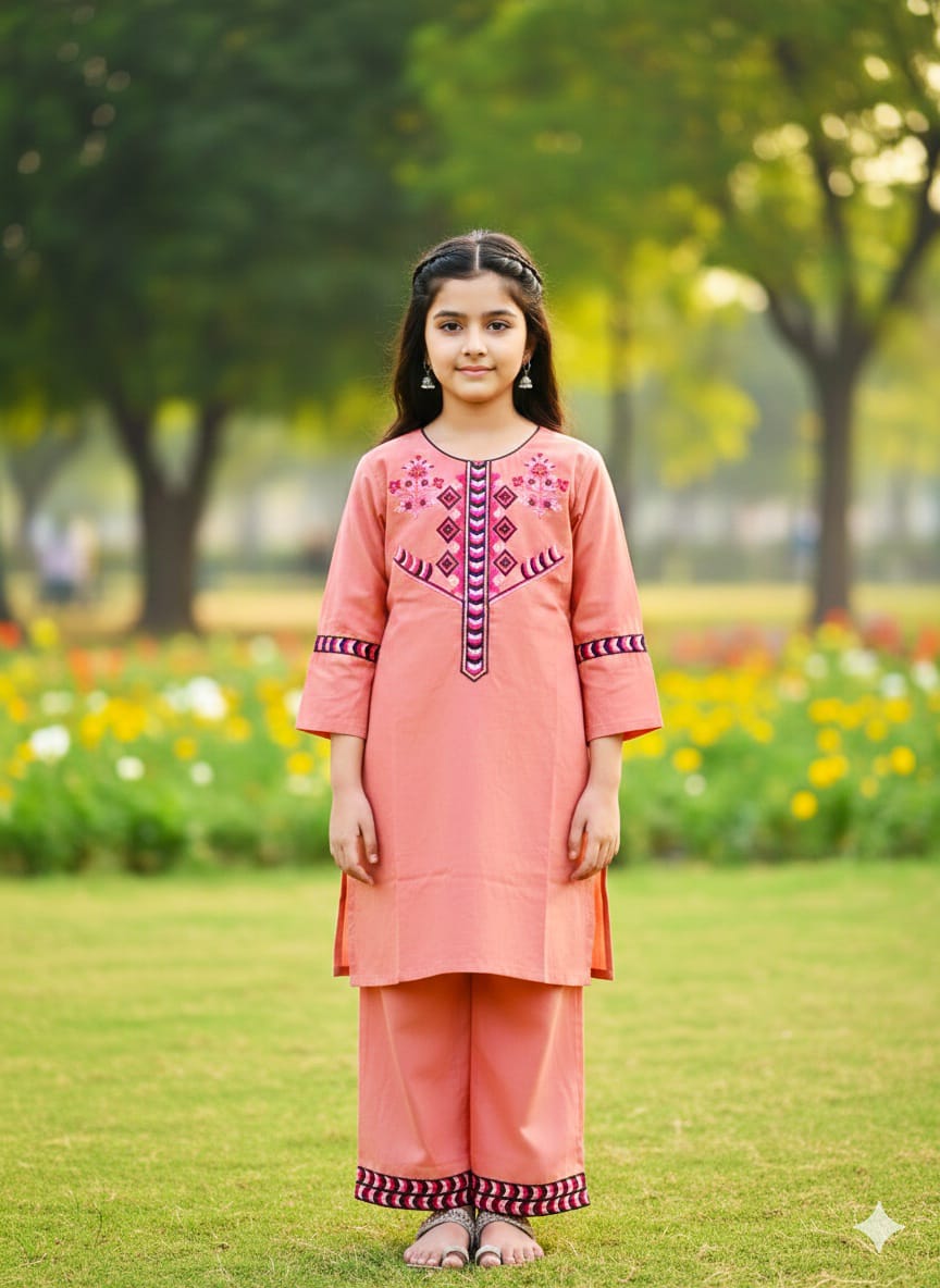 Girls' Peach Stitched Lawn 2-Piece Suit with Geometric & Floral Embroidery