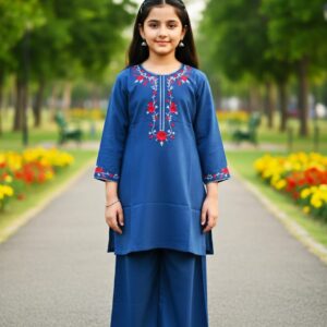 Girls' Royal Blue Stitched Lawn 2-Piece Suit with Floral Vine Embroidery