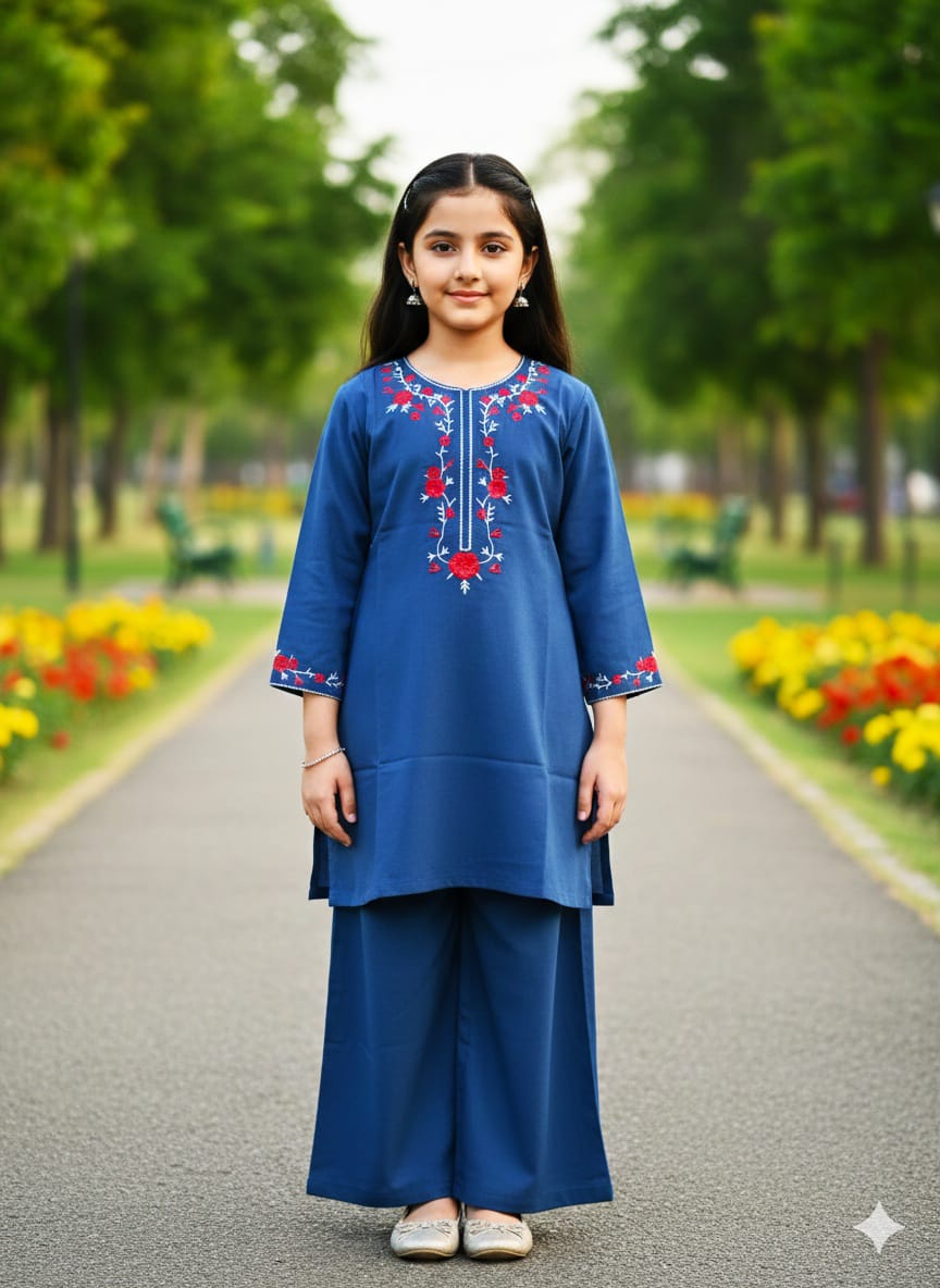 Girls' Royal Blue Stitched Lawn 2-Piece Suit with Floral Vine Embroidery